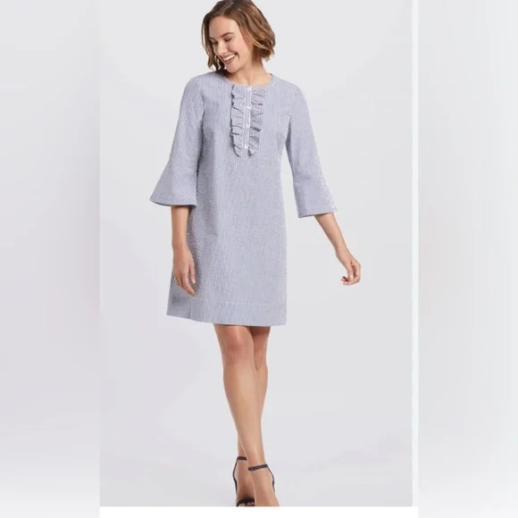 Draper James Seersucker Blue and White Shift Dress w/ 3/4 bell sleeves - Picture 2 of 9